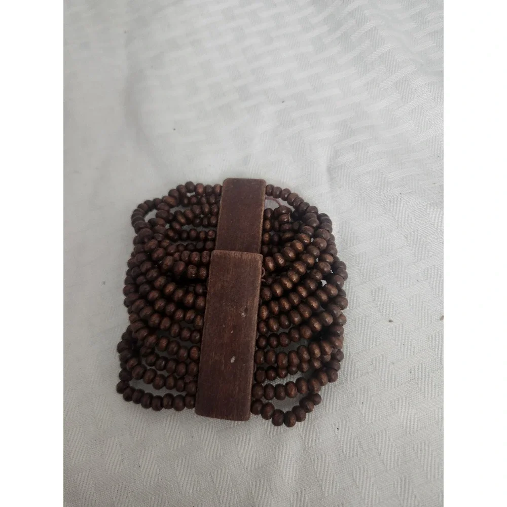 Boho Wide Multi Strand Brown Wood Bead Stretch Cuff Bracelet with Spacer Bars